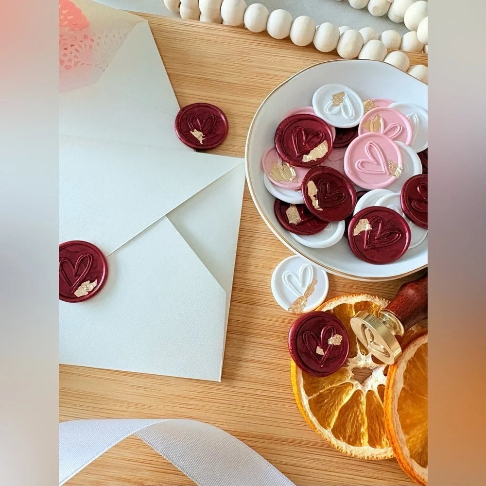 22k Gold Leaf Handmade Heart Wax Seals Wedding Invite Peel & Stick | 25 pack
